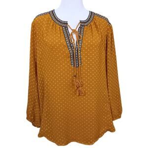 DR2 Blouse Peasant Top XL Flowy Artsy Boho Embroidery Golden Career Office Event